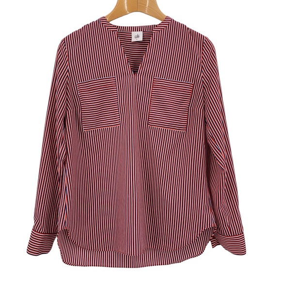 Cabi Franklin Blouse #5335, Red, White & Blue Striped Notch V-Neck Blouse, Small - Picture 12 of 16